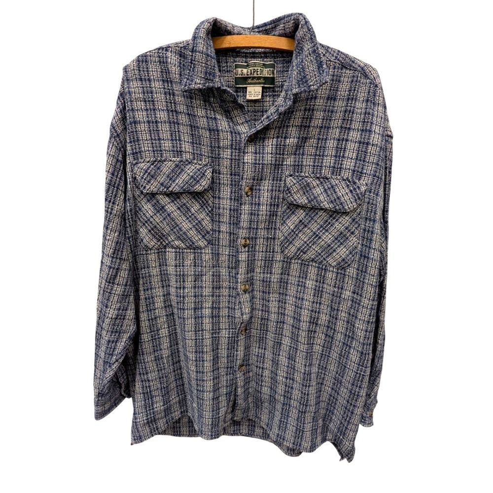 Vintage Men's Blue Plaid Button Down Shirt Cotton Textured Flannel- L